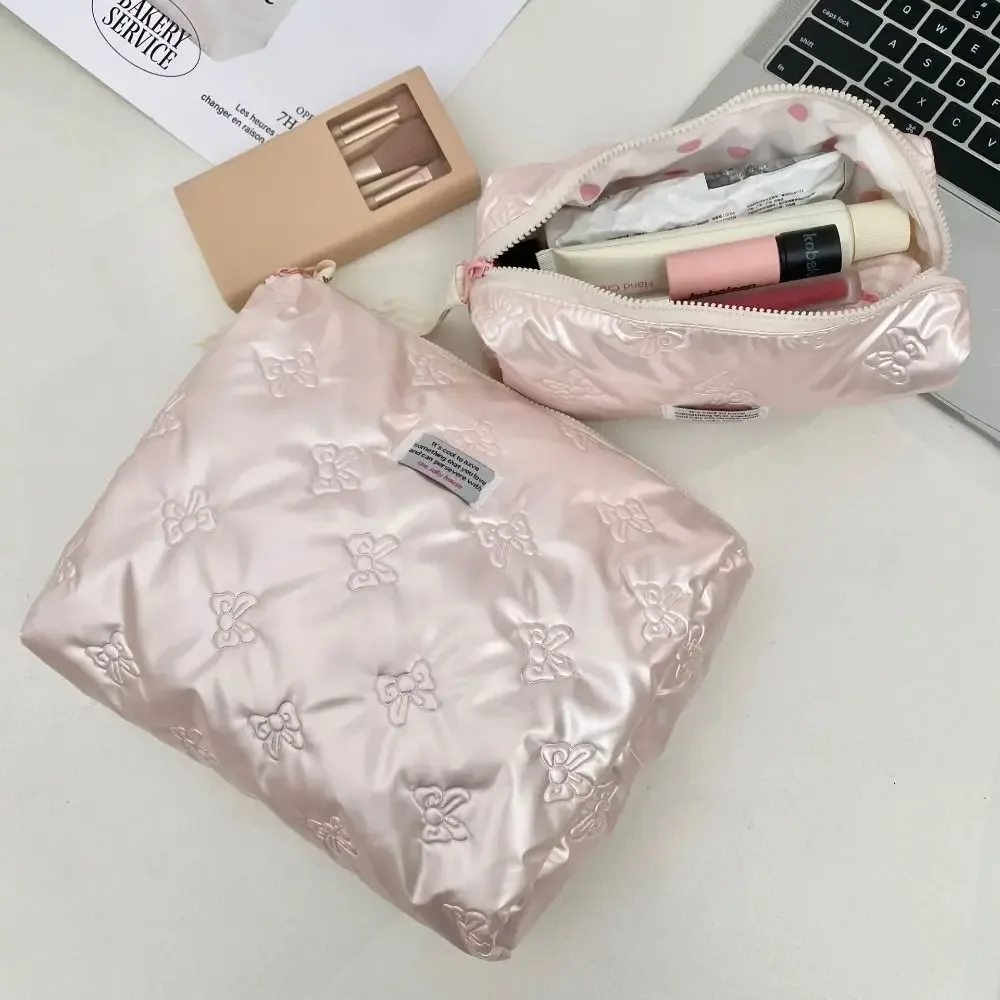 sac à cosmétiques élégant en pu avec décoration en nœud, compartiment de rangement, trousse de maquillage multifonction, trousse de toilette pour femmes