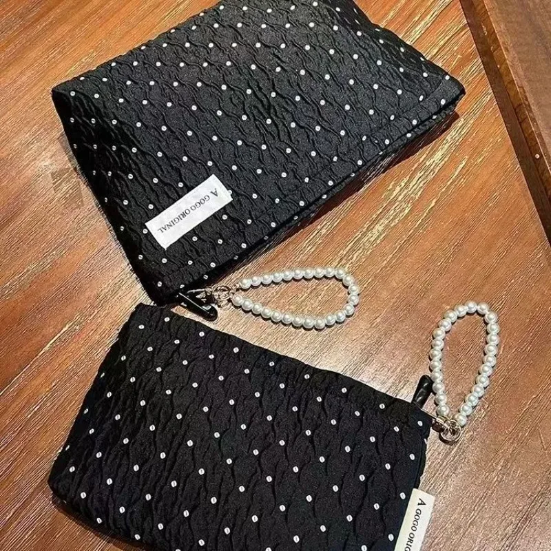 trousse de maquillage à pois avec fermeture éclair en perles, pochette cosmétique douce avec doublure, sac de rangement de toilette de voyage portable