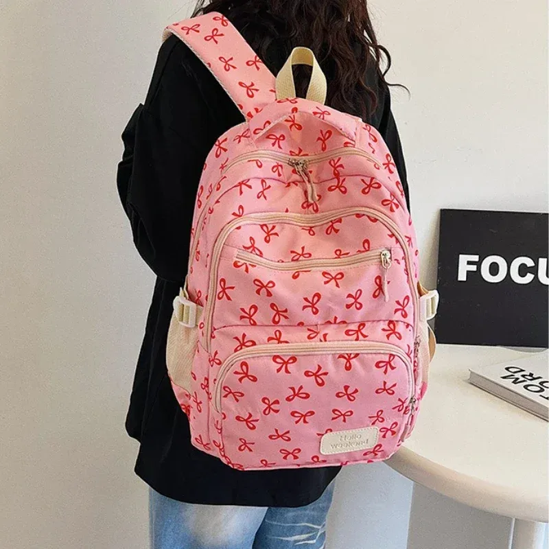 sac à dos tendance coréen pour femmes, imprimé nœud, léger, simple, pour étudiants, sac d'école, sangle réglable, sac à dos de voyage, 3 pièces/ensemble