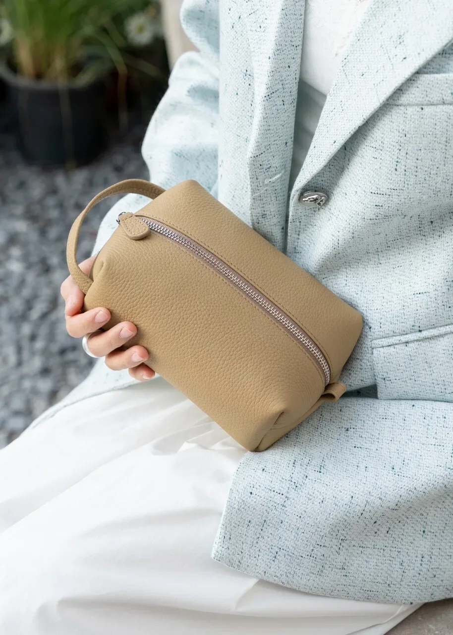 sac de maquillage en cuir véritable de haute qualité, sac à cosmétiques simple, étui de rangement de toilette pour femmes, pochette de rangement portable de voyage pour dames