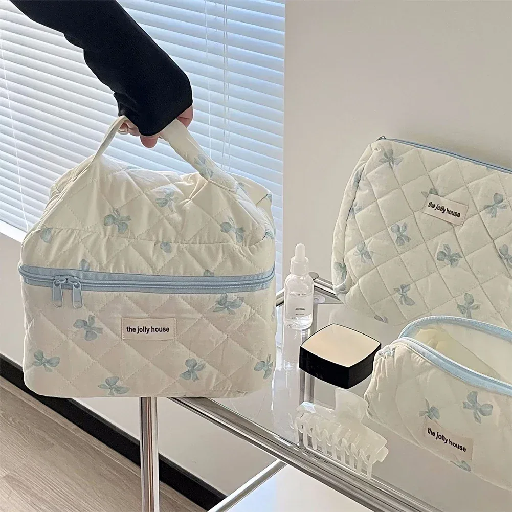 trousse de maquillage en coton matelassé pour femmes, trousse de toilette portable pour filles, trousse de maquillage à fermeture éclair, trousse de toilette à nœud mignon, sac à main pour gril à fleurs