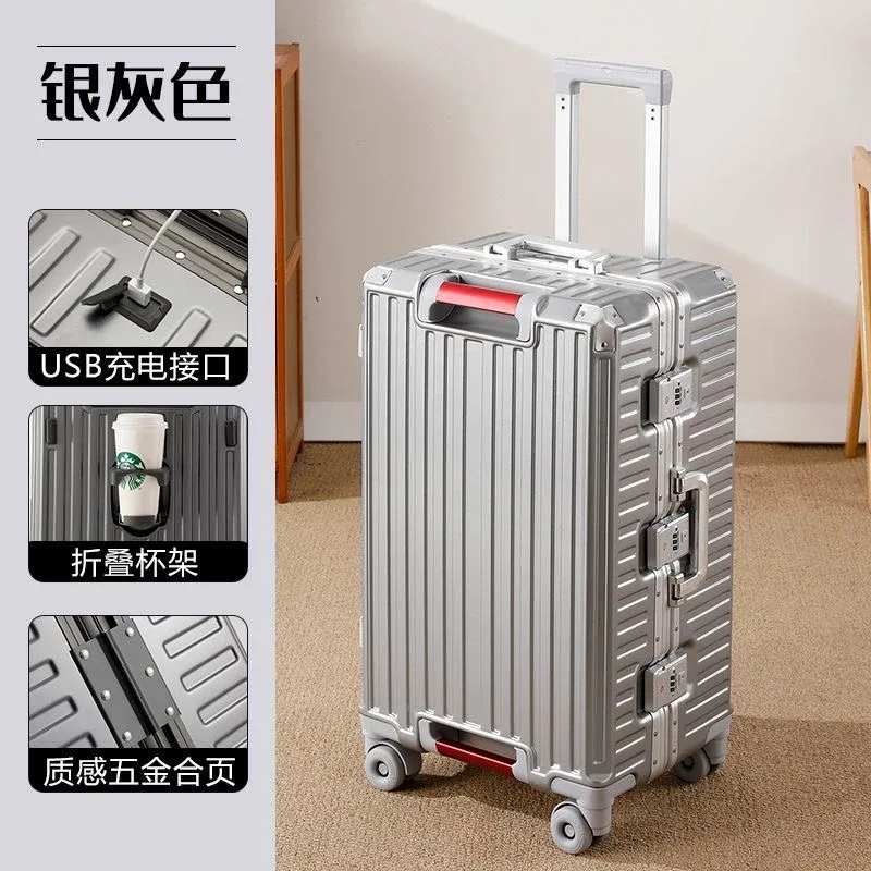 valise de voyage grande taille avec cadre en aluminium, bagage à roulettes avec porte-gobelet et serrure à combinaison