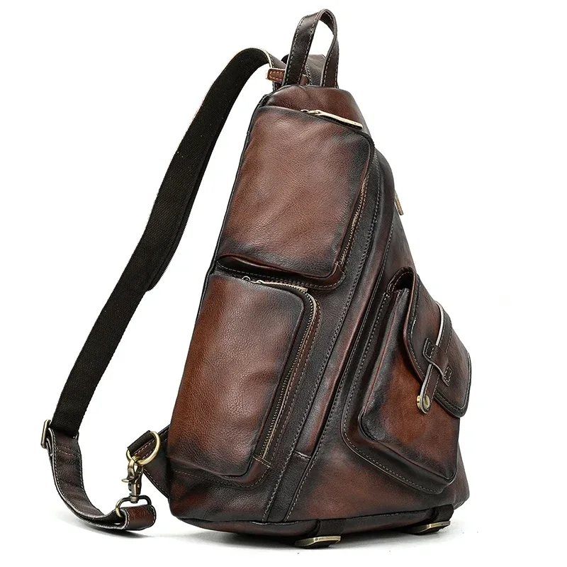 sac à dos de poitrine en cuir véritable pour motard, sacs d'équitation en plein air pour hommes, sacs à bandoulière pour hommes, cuir de vache, initié unique