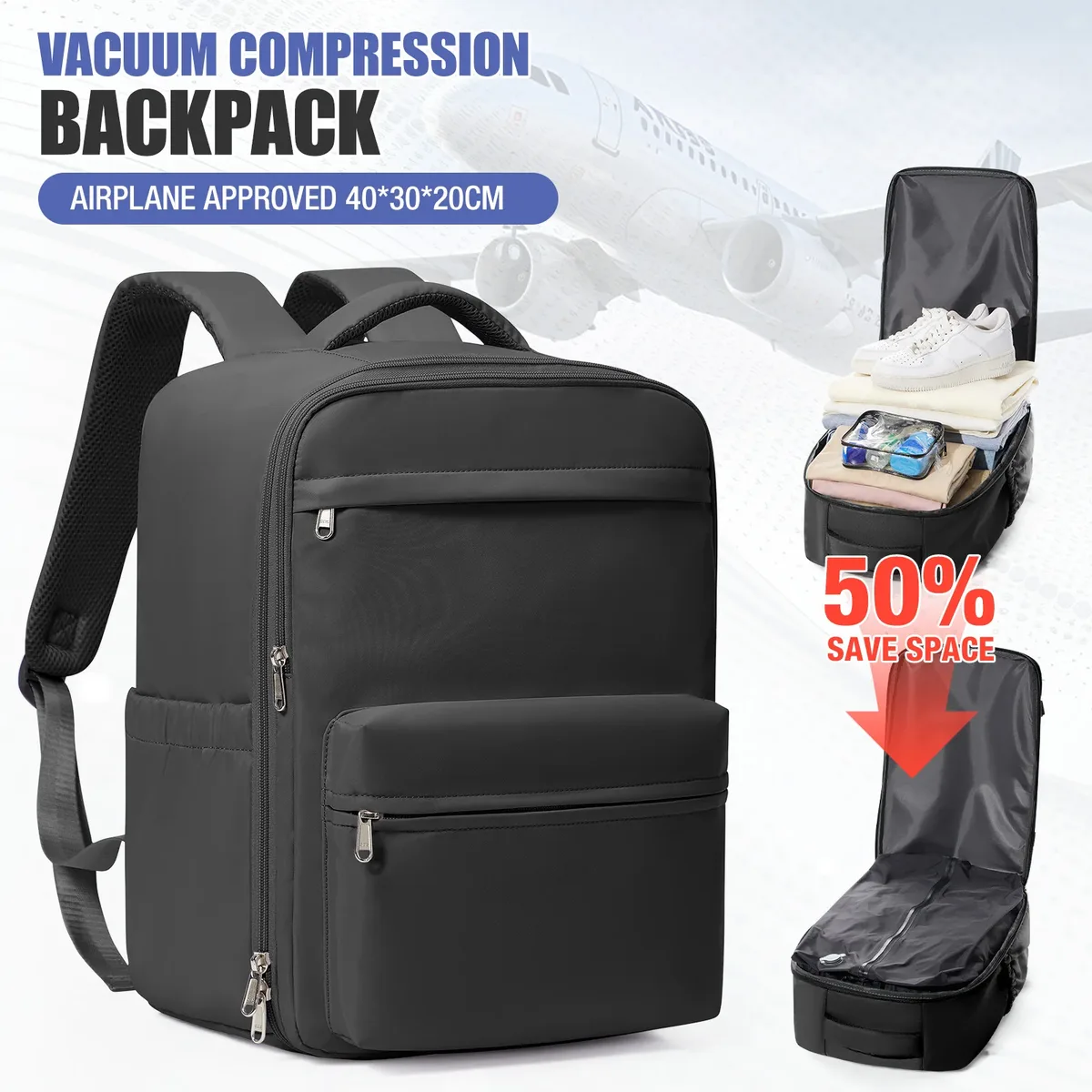 sac à dos de compression sous vide pour homme, sac à dos pour ordinateur portable 15,6 pouces, sac à dos de randonnée extensible, sac à dos de voyage sous vide, sac à dos ryanair 40x30x20, sac de cabine