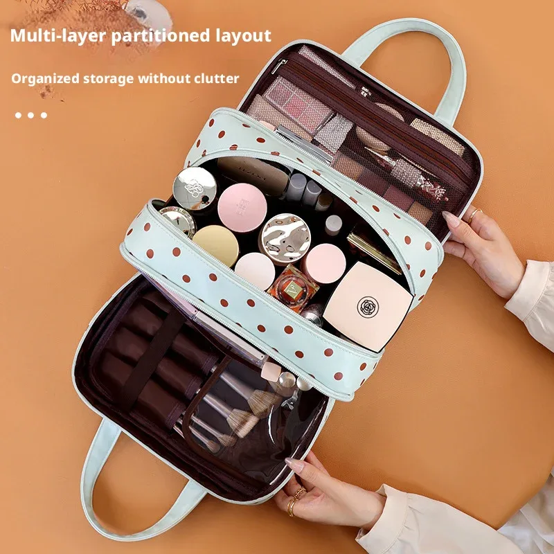 sac de maquillage portable à pois, multifonctionnel, à trois compartiments, en pu, grande capacité, imperméable, sac de rangement de voyage