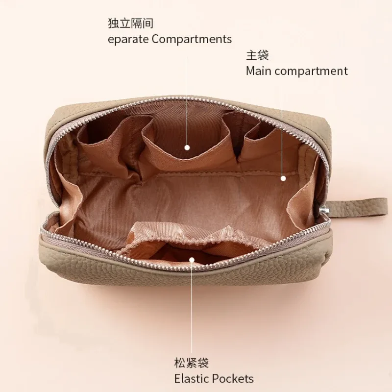 trousse de toilette de voyage en cuir pour femme, mini pochette cosmétique avec 3 compartiments, trousse de maquillage facile à nettoyer pour sac à main