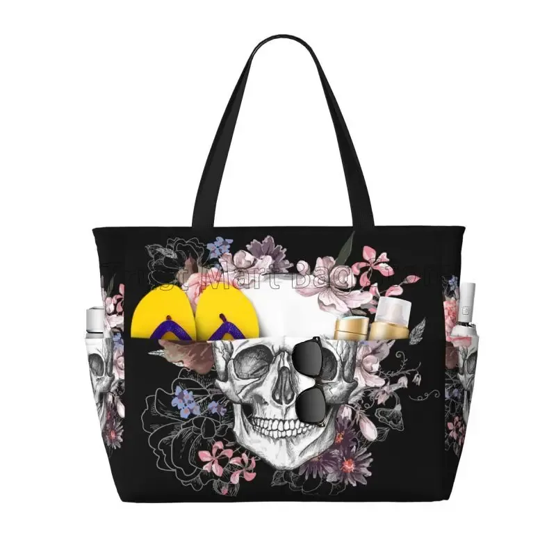grand sac de plage étanche pour femme, crâne de sucre, fleur d'halloween, sac fourre-tout de piscine anti-sable, natation, salle de sport, voyage, vacances