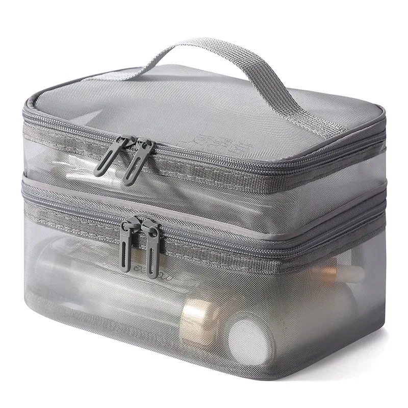 sac de rangement de cosmétiques de voyage à 2 couches, pochette de rangement transparente en maille pliante à fermeture éclair, sac de kit de lavage de maquillage de grande capacité 2025