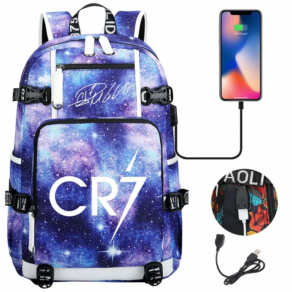 football star cr7 usb grande capacité étudiant mochila femmes hommes ordinateur portable voyage sac à dos garçons filles enfants retour à l'école livre sacs
