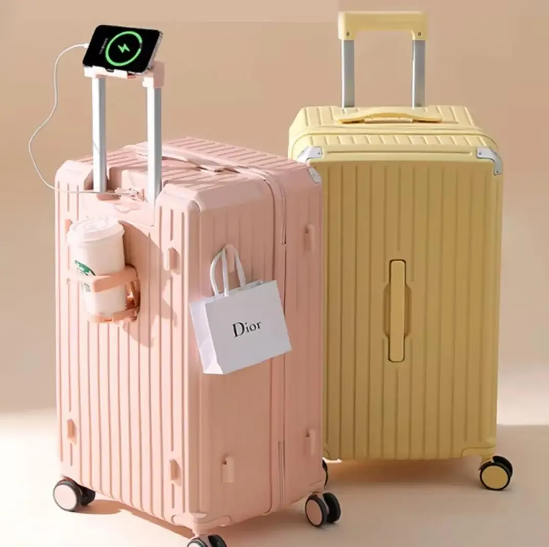 Valise à roulettes 20/24/26/28 pouces, bagage de voyage multifonctionnel avec porte-gobelet et port de charge USB