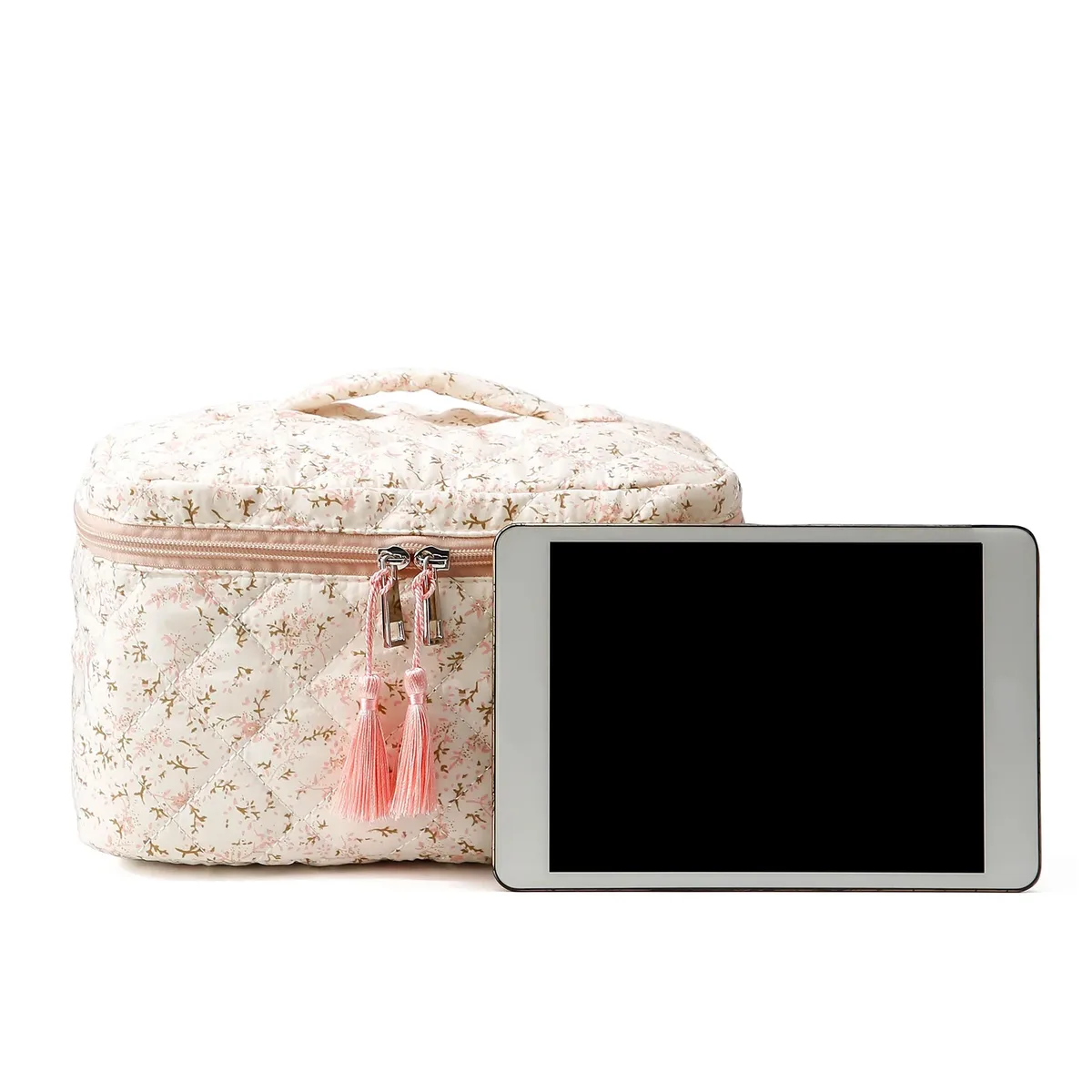 trousse de voyage matelassée florale pour femme avec fermeture éclair, grande capacité, pochette à crayons pour les voyages, le travail et le quotidien