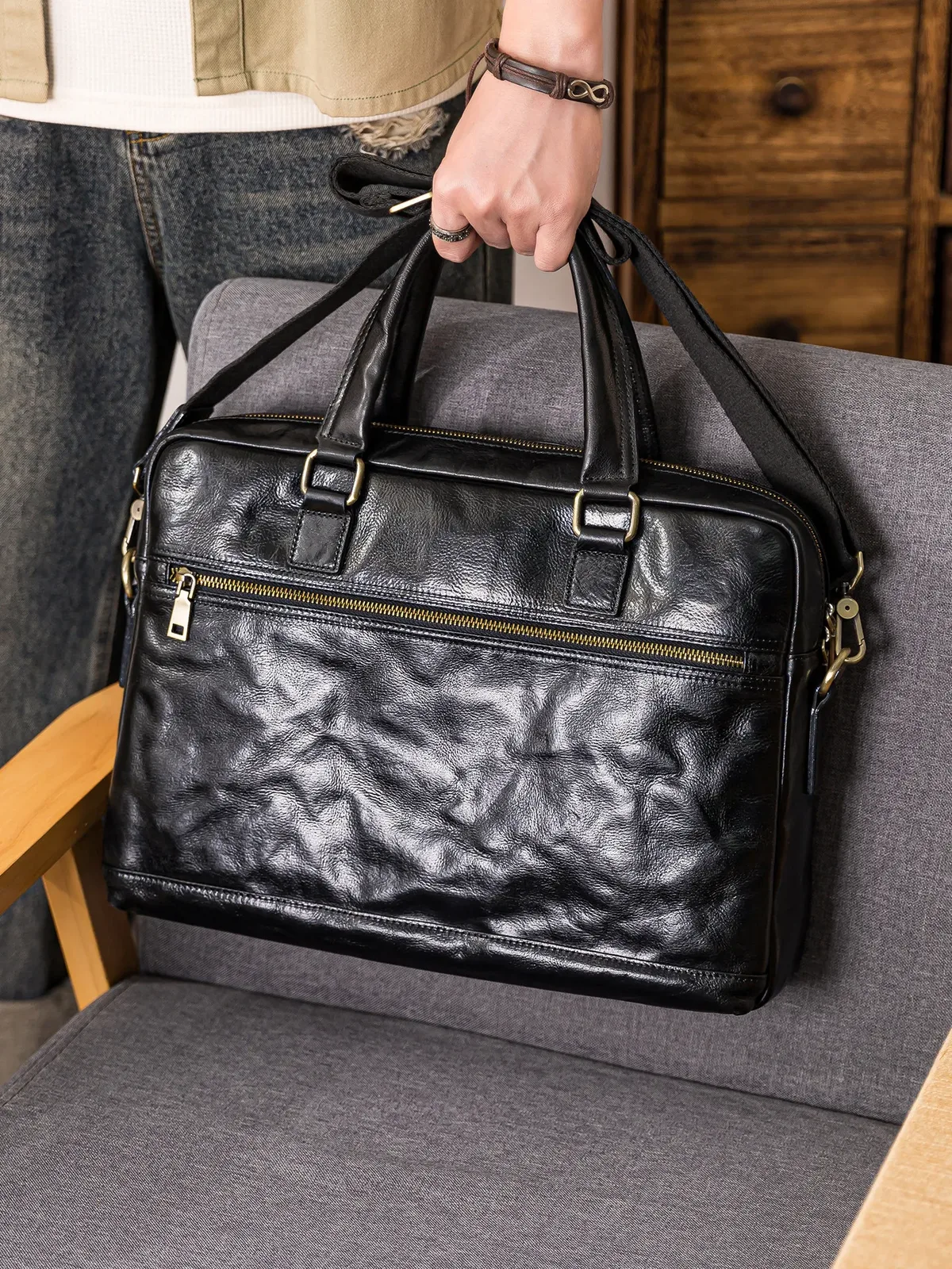 pndme – porte-documents noir en cuir véritable pour hommes, sac à main de travail pour ordinateur portable, de haute qualité, à la mode, de luxe, en cuir de vache véritable