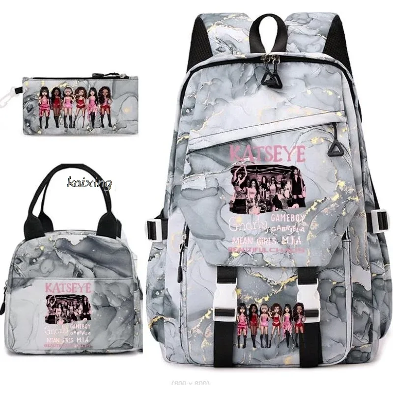 nouveaux sacs à dos katseye à imprimé amusant, 3 pièces/ensemble, sac d'école pour étudiants, sac de voyage pour adolescents, filles et garçons, sacs à lunch, sac à dos