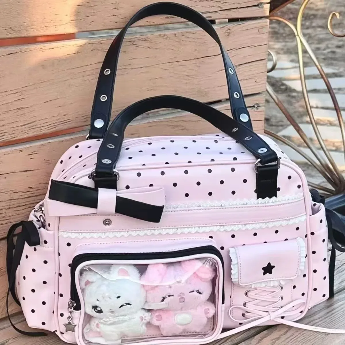 sac fourre-tout transparent ins au design kawaii anime, grande capacité, sac à bandoulière ita boston pour étudiante