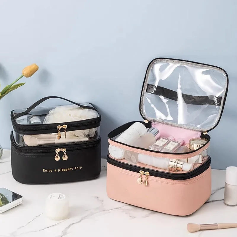 Sac de toilette imperméable en PVC pour femme 2026, sac de voyage portable en cuir, grande capacité, organiseur de maquillage de voyage
