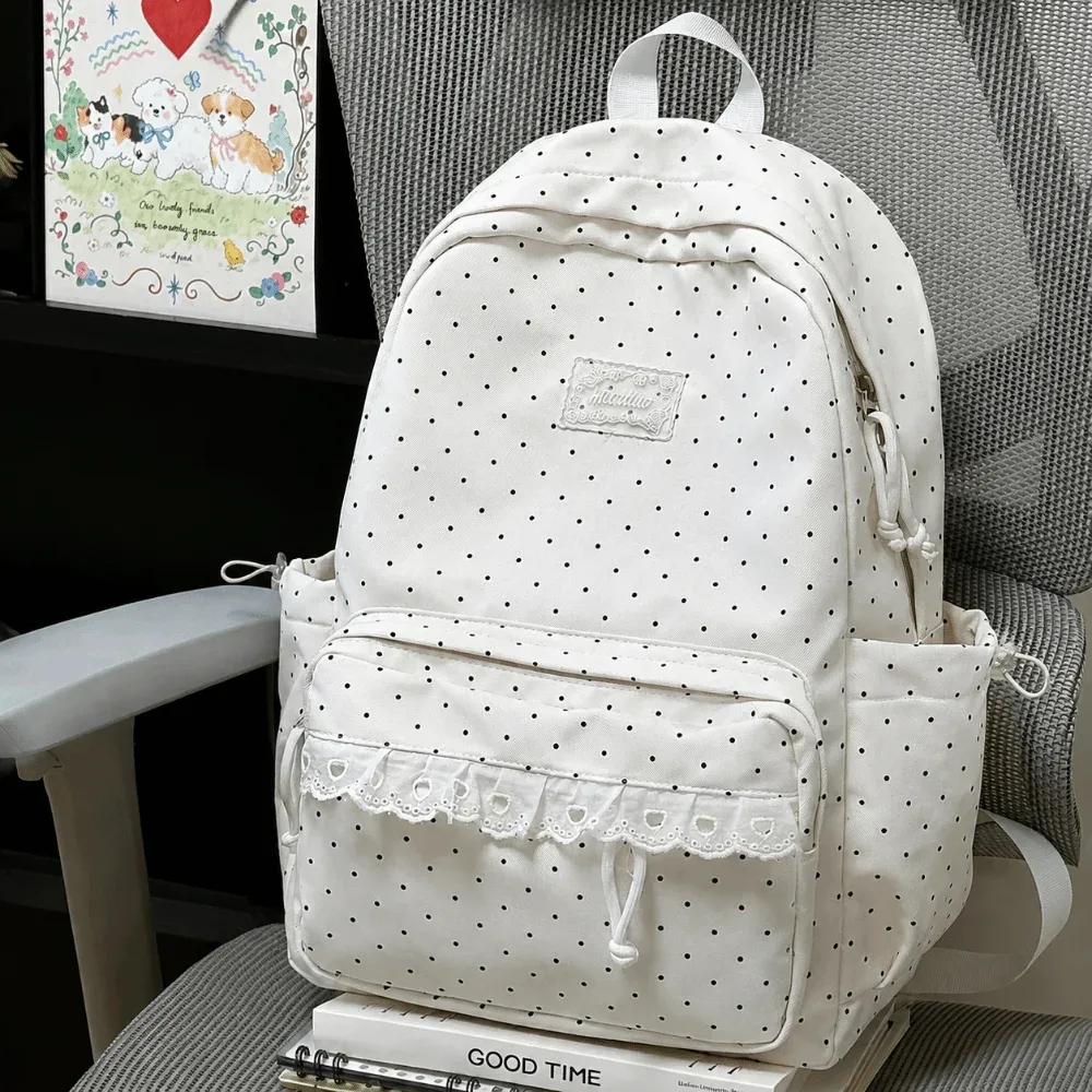 sac à dos de voyage à pois mignon, grande capacité, avec dentelle, cartable d'école pour étudiants, sac à dos en nylon multi-poches pour ordinateur portable