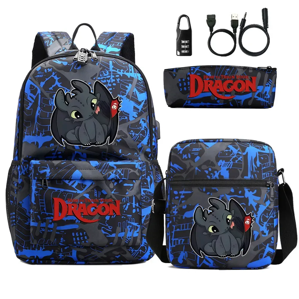 comment entraîner votre dragon 3 pièces usb antivol serrure garçon fille enfants retour à l'école livre sacs voyage sac à dos sac à bandoulière sacs à stylos