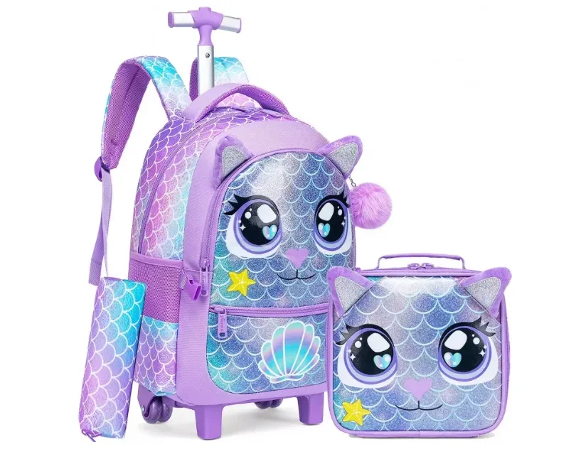 sac de voyage à roulettes pour filles, valise à roulettes pour filles, sac à roulettes pour élèves du primaire, ensemble de sacs à roulettes pour l'école, sac à déjeuner, trousse à crayons
