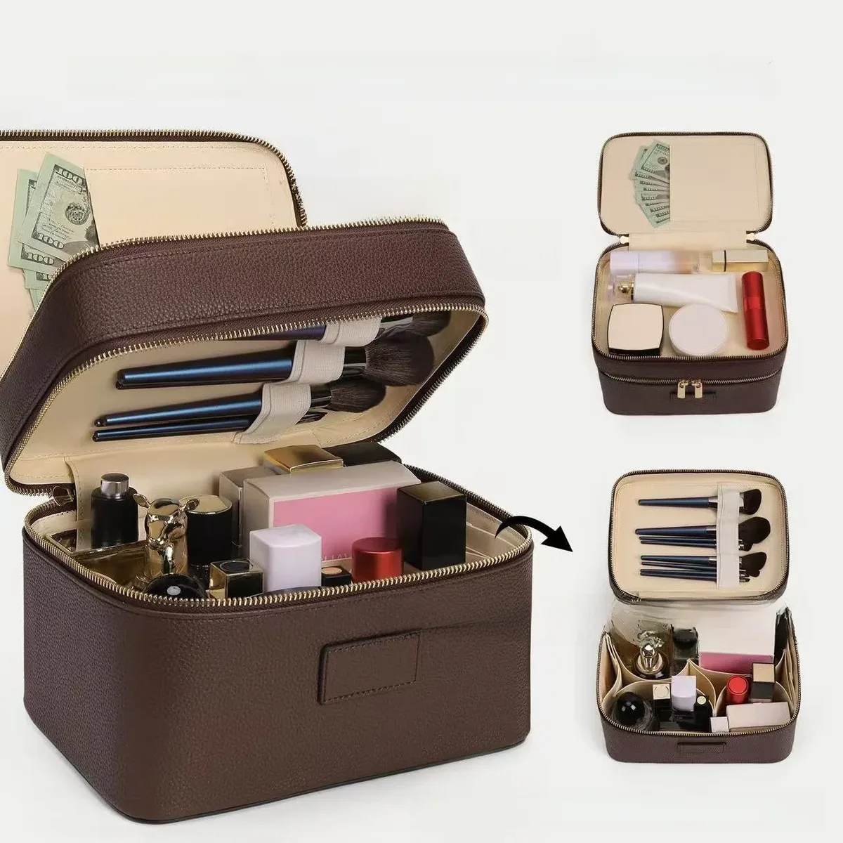 sac à main en cuir, style trousse de toilette, imperméable, grande capacité, sac de voyage pratique, sac de rangement pour maquillage, double couche, voyage décontracté