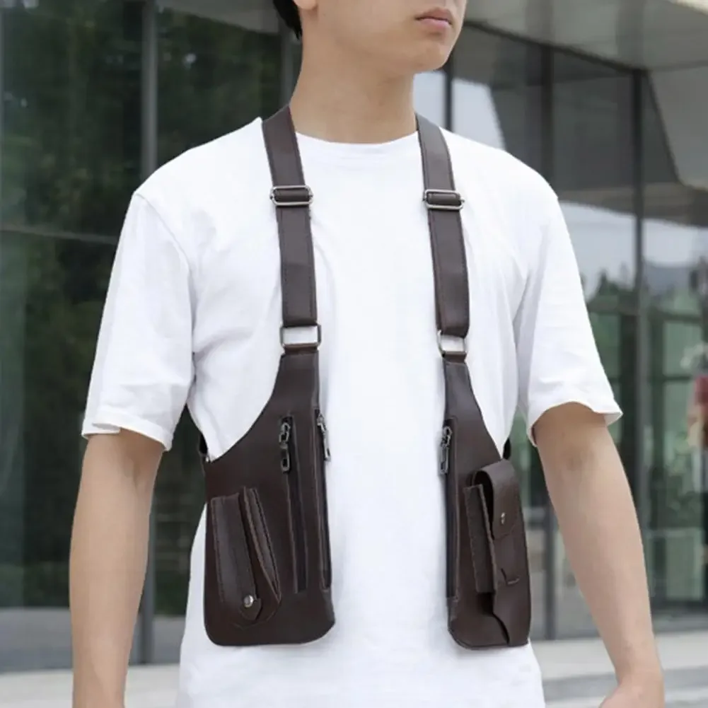 sac de poitrine style gilet, sac à dos utilitaire en cuir pu, streetwear réglable, sac à bandoulière tactique pour gilet pour moi l9b4
