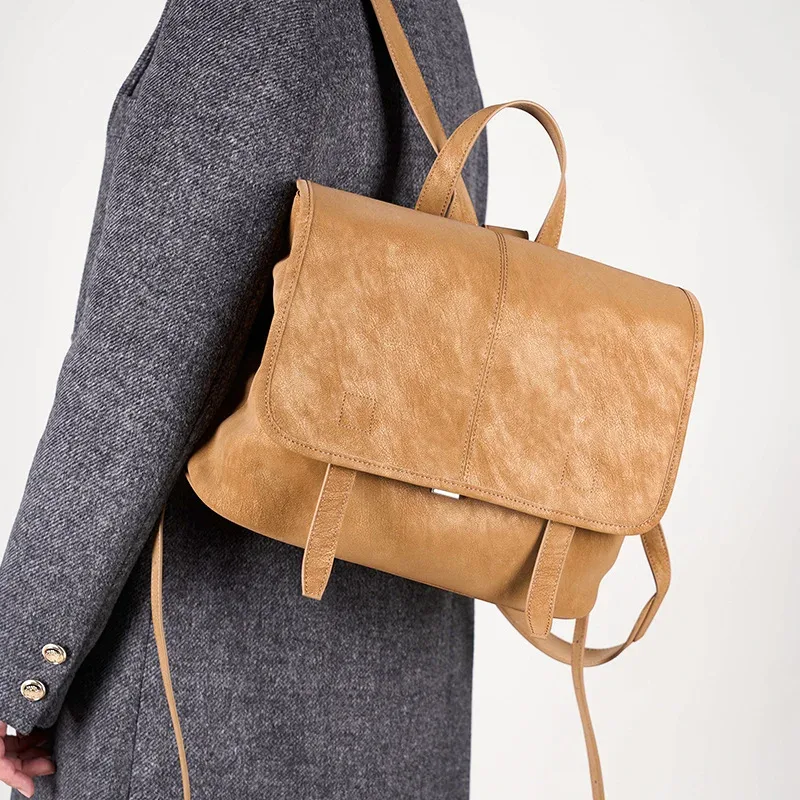 sac à dos vintage en cuir véritable pour femme, sac à rabat décontracté, sac à dos multifonctionnel, sac à bandoulière pour les voyages, le travail et l'usage quotidien