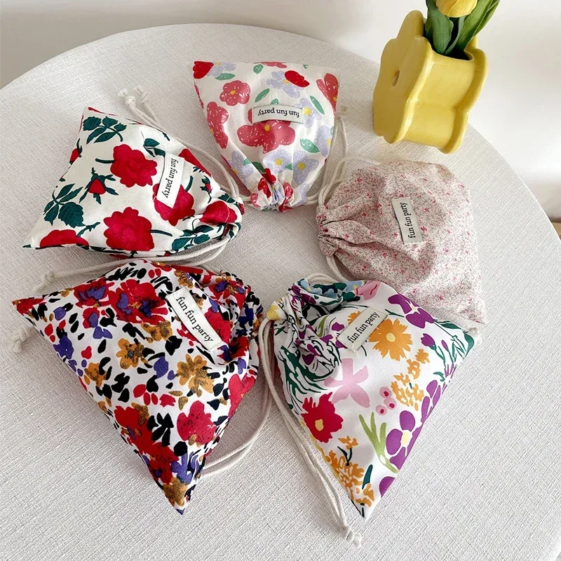 sac de rangement floral en coton et lin pour femme, pochette de maquillage mignonne, rangement de proximité, finition, poudres, bonbons, bijoux, cadeau de noël