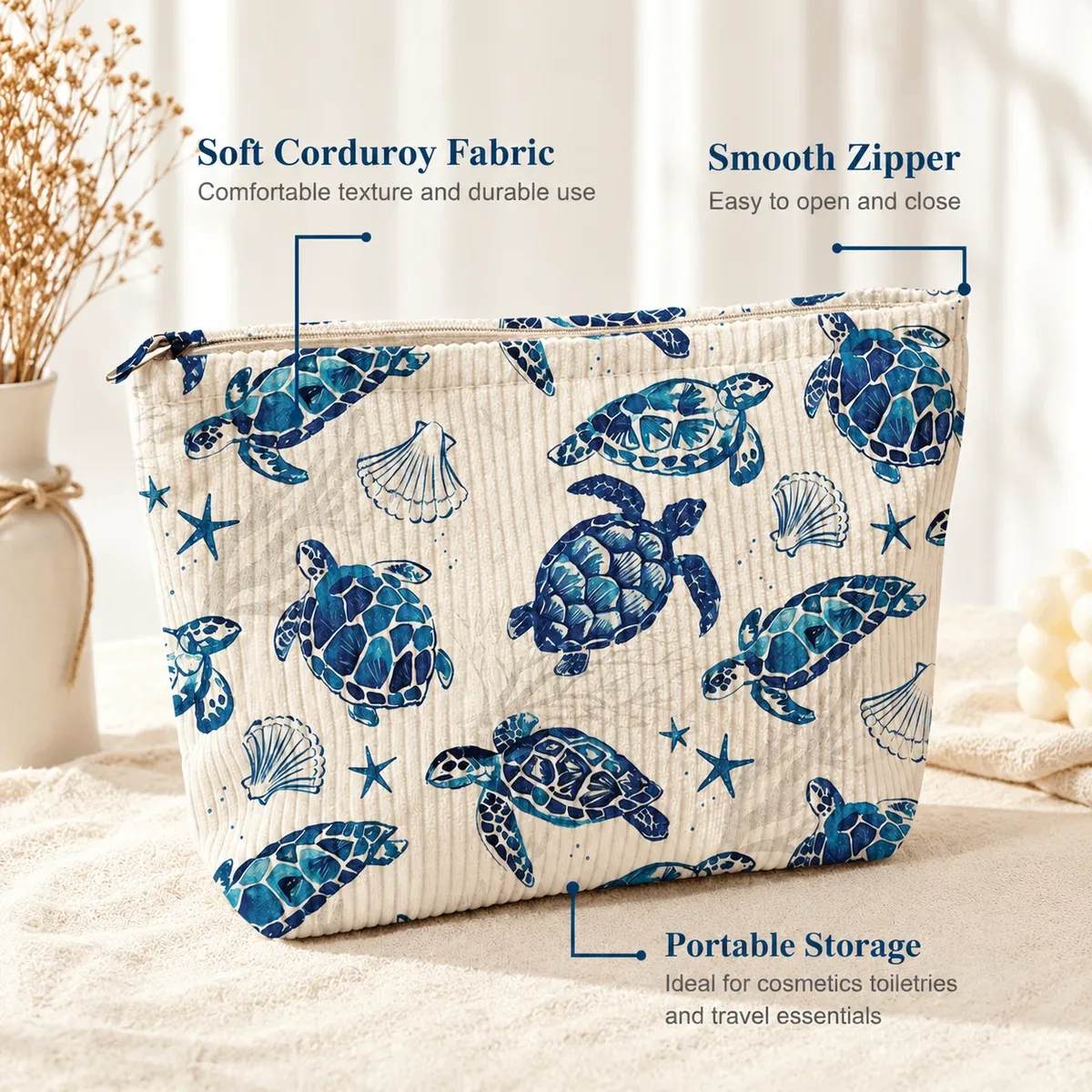 trousse de maquillage en velours côtelé bleu tortue marine grande capacité, organisateur de toilette de voyage pour femmes, essentiels de vacances à la plage
