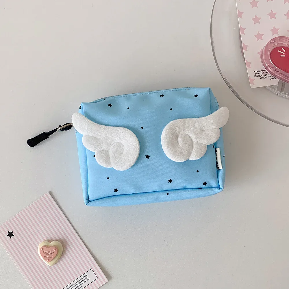 sac à main ailes pour femmes, petite trousse de maquillage, sac de rangement utile, pochette de papeterie, décor d'ange de dessin animé doux, mini sac de poche portable mignon