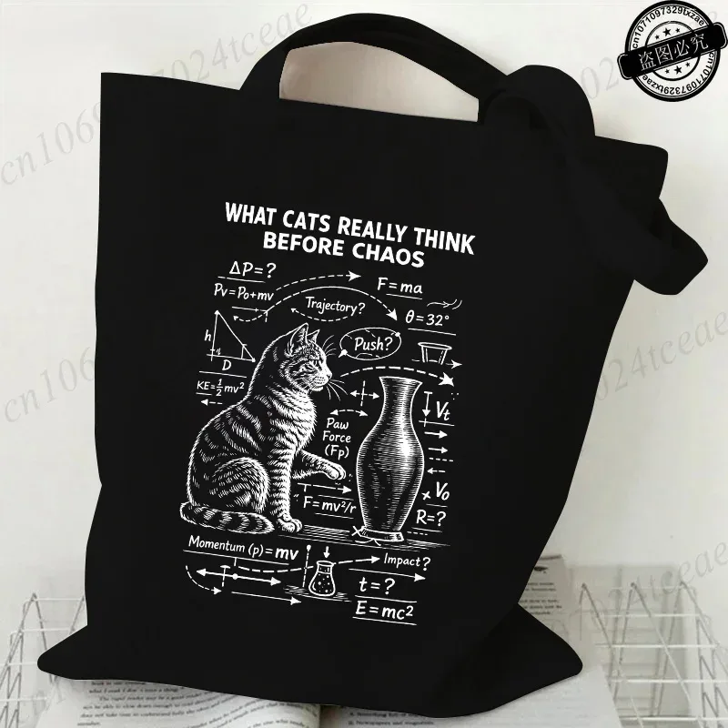sac fourre-tout en toile imprimé chat physique amusant, sac à main réutilisable chat mathématique humour scientifique, sacs à bandoulière décontractés pour le shopping
