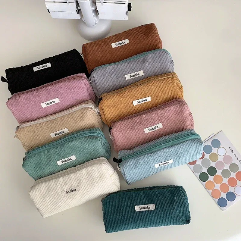 sac à cosmétiques en velours côtelé coréen, petite pochette de maquillage, trousse de toilette de voyage portable pour femmes, nécessaire de rangement, étui à crayons mignon pour étudiant