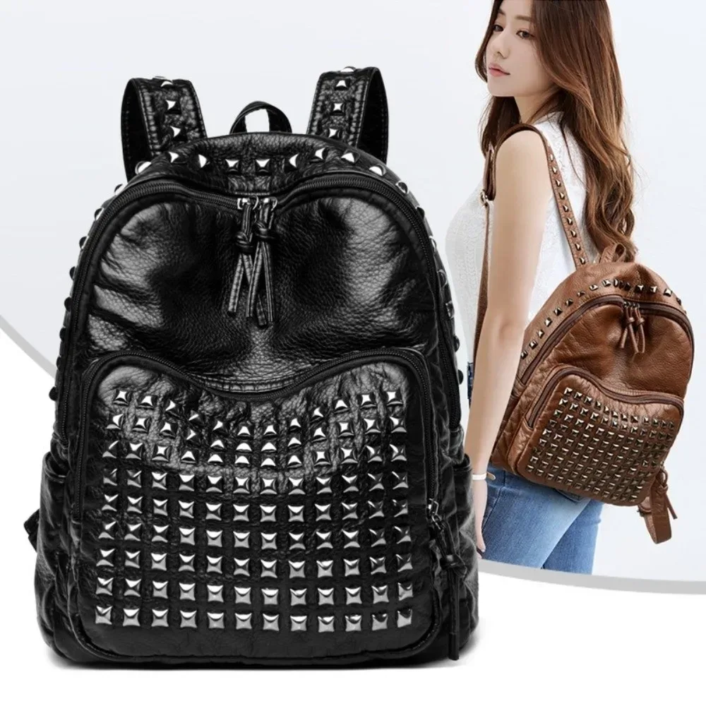 sacs à dos à rivets en cuir souple, design de luxe super cool, grande capacité, en pu, résistants à l'usure, punk, unisexe