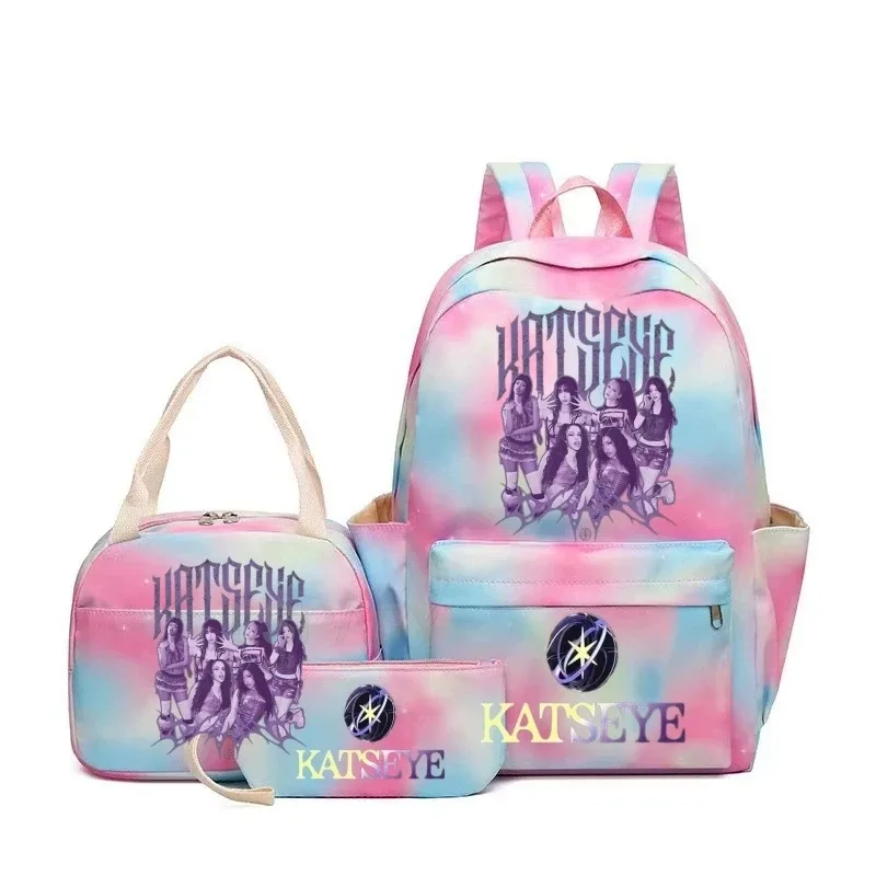 sac à dos grande capacité imprimé katseye amusant, léger, pour l'école, les voyages, décontracté, pour femmes et filles, avec compartiment pour stylos et sac à déjeuner