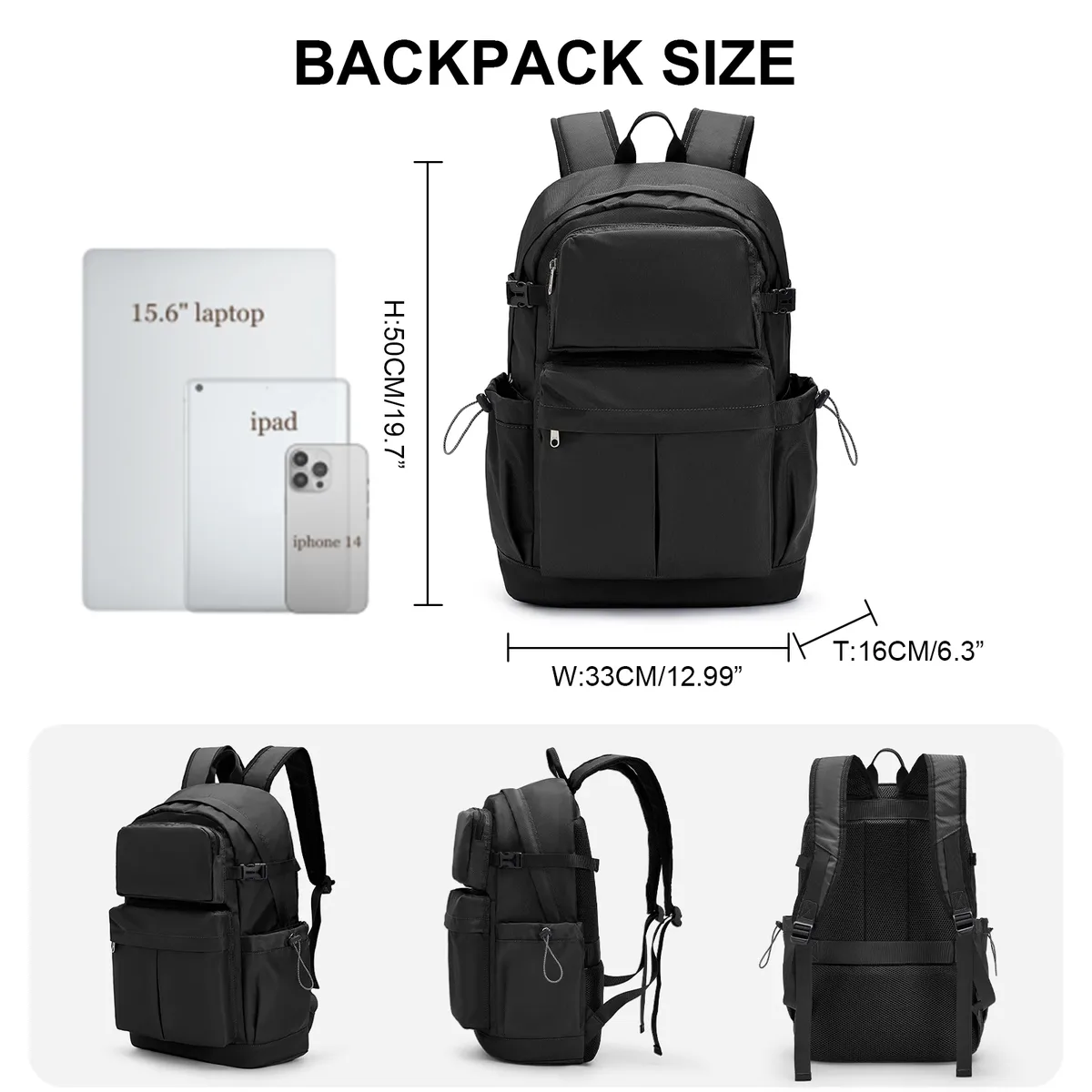 sac à dos scolaire noir étanche 15,6 "sac pour ordinateur portable décontracté léger travail voyage sac à dos pour hommes femmes collège randonnée sacs à dos