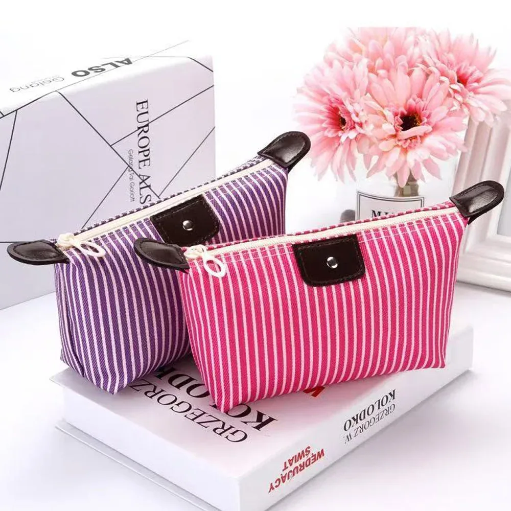 pochette de maquillage imperméable rayée, trousse de toilette de voyage pour cosmétiques et essentiels quotidiens, 1 pièce