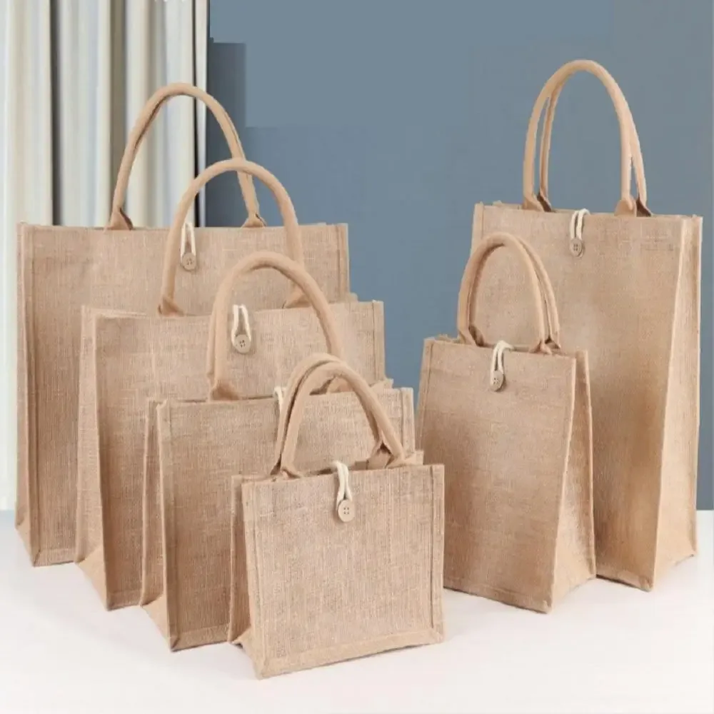 sac fourre-tout en toile de jute réutilisable de grande capacité, sac à provisions polyvalent, sac à lunch portable, sac à main en lin avec bouton, emballage cadeau