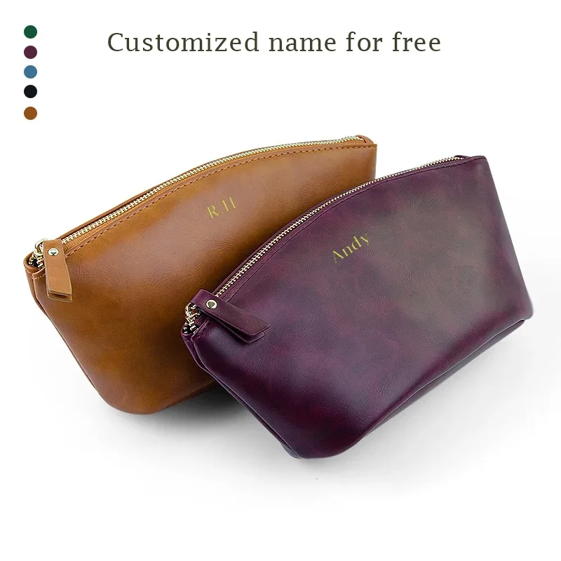 Nom personnalisé 2025 nouveau sac cosmétique en cuir PU britannique rétro fou cheval pochette en cuir fermeture éclair sac cosmétique étanche