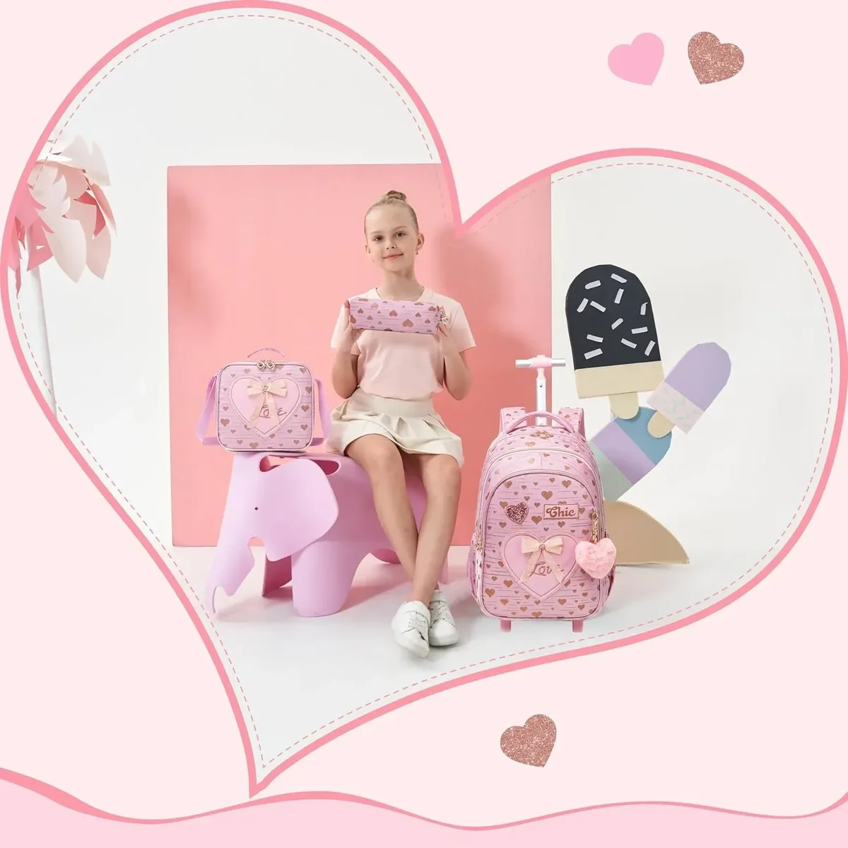 sac à dos à roulettes avec ruban nœud papillon pour enfants, sacs à dos mignons pour filles, sac à roulettes pour élèves du primaire