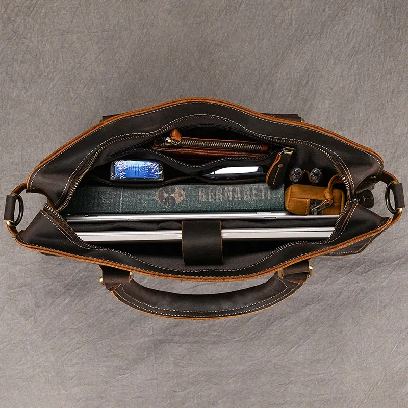 sac à main d'affaires en cuir véritable pour hommes, sac d'ordinateur pour ordinateur portable, cuir de vachette, sac lancé masculin, sac fourre-tout en cuir de vache, 15 pouces