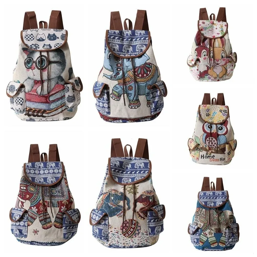 Sac à dos décontracté en toile brodé style ethnique jacquard avec motif éléphant et hibou, sac seau à cordon pour la plage