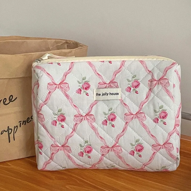 trousse de maquillage en coton avec nœud mignon pour femmes, organisateur de cosmétiques à fermeture éclair, boîte en tissu en forme de trousse de toilette portable pour filles
