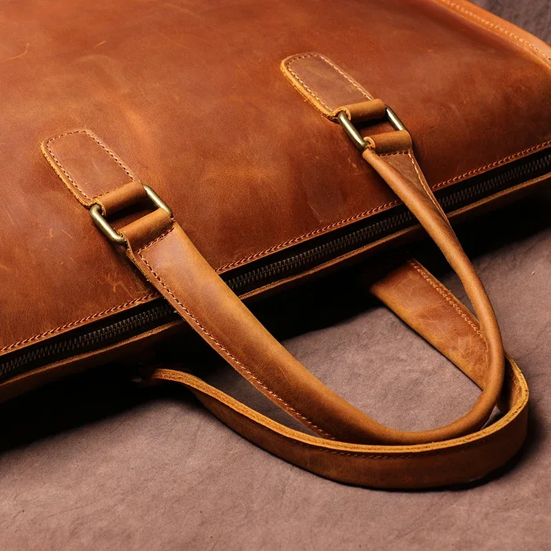 luokir sac à main en cuir véritable hommes vintage crazy horse peau de vache bureau ordinateur sac simplicité mallette d'affaires pour ordinateur portable 14 pouces
