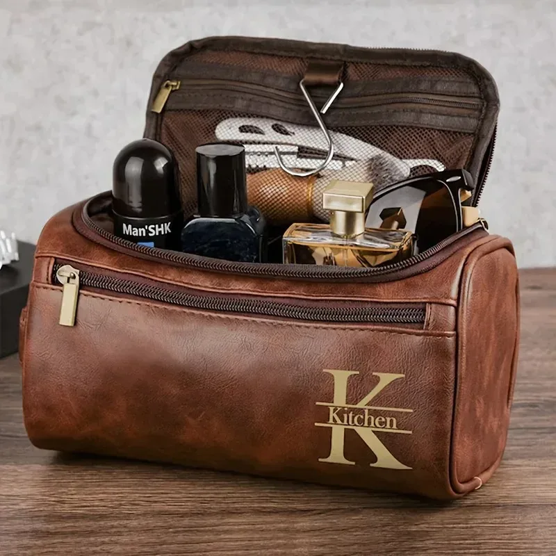 sac étanche pour hommes avec nom gravé, nom personnalisé, cuir pu durable, multi-usage, idéal pour le rasage, les voyages, les affaires, trousse de maquillage