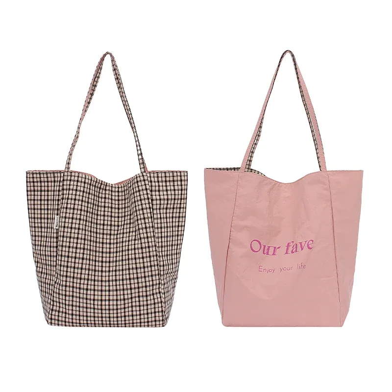 sac en toile à carreaux double face, multicolore, grande capacité, sac fourre-tout à bandoulière pour femmes, sac de shopping