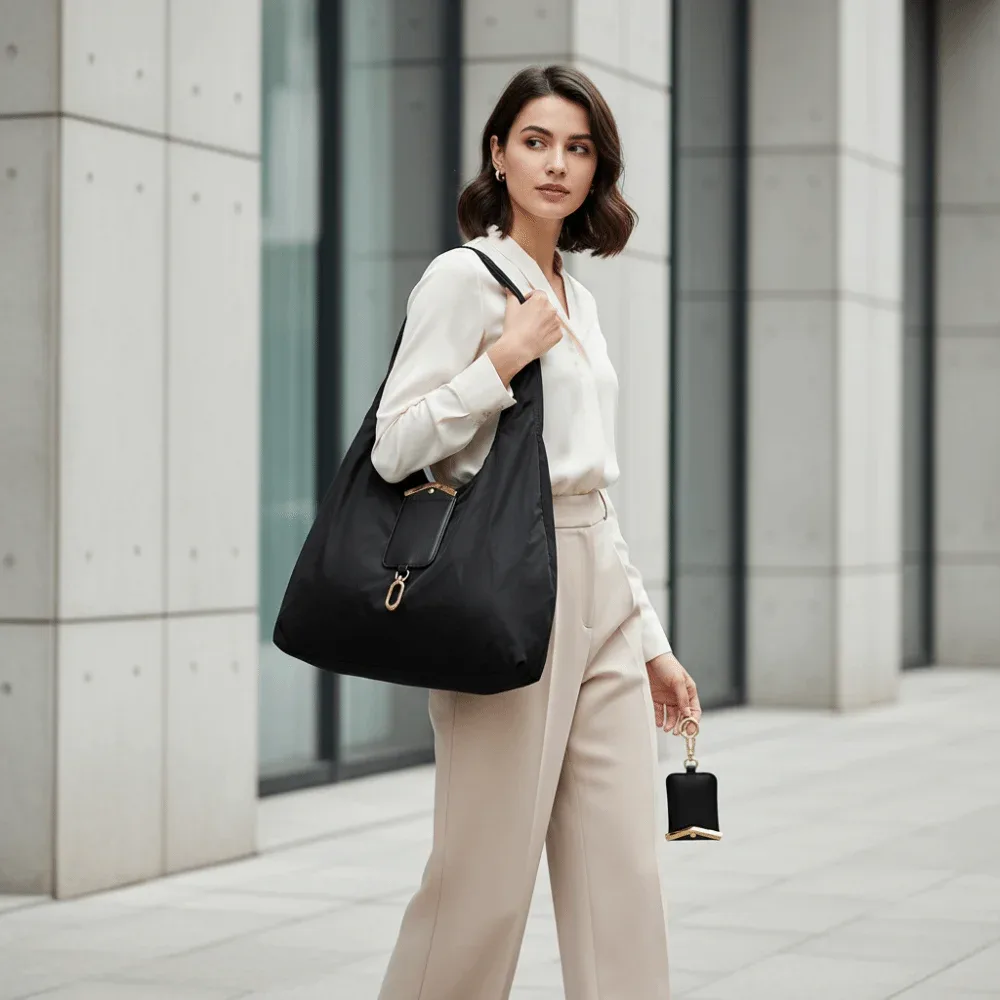 sac fourre-tout mini pliable anti-déchirure en similicuir couleur unie avec porte-clés et garniture métallique, pochette 2-en-1 pour sac et breloque