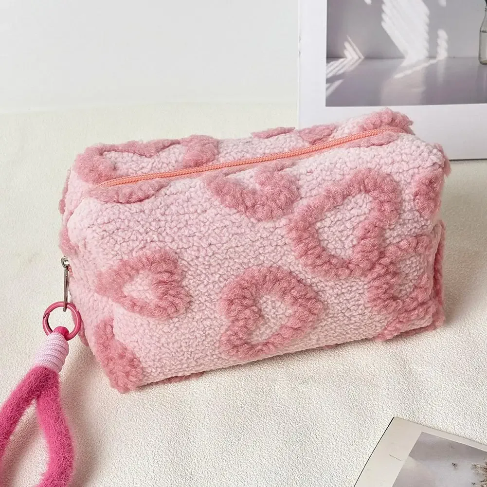 pochette de maquillage kawaii moelleuse avec dragonne, motif cœur, trousse de toilette de voyage, sac de rangement pour cosmétiques et beauté