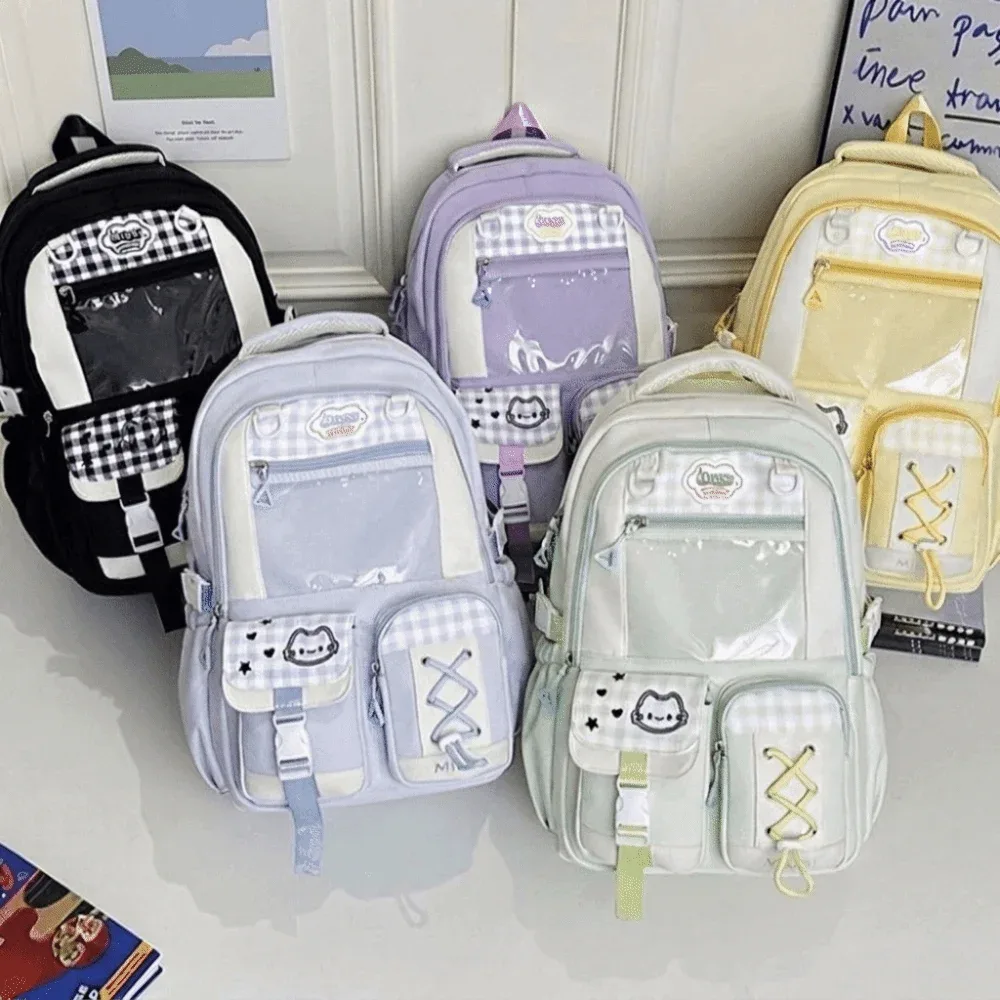 sac à dos scolaire multi-compartiments style preppy, grande capacité, léger, motif écossais, blocs de couleur, sac à dos de jour avec fermeture éclair et multiples poches