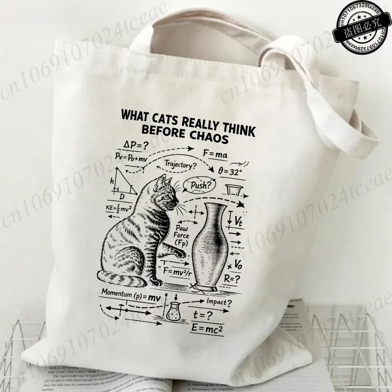 sac fourre-tout en toile imprimé chat physique amusant, sac à main réutilisable chat mathématique humour scientifique, sacs à bandoulière décontractés pour le shopping