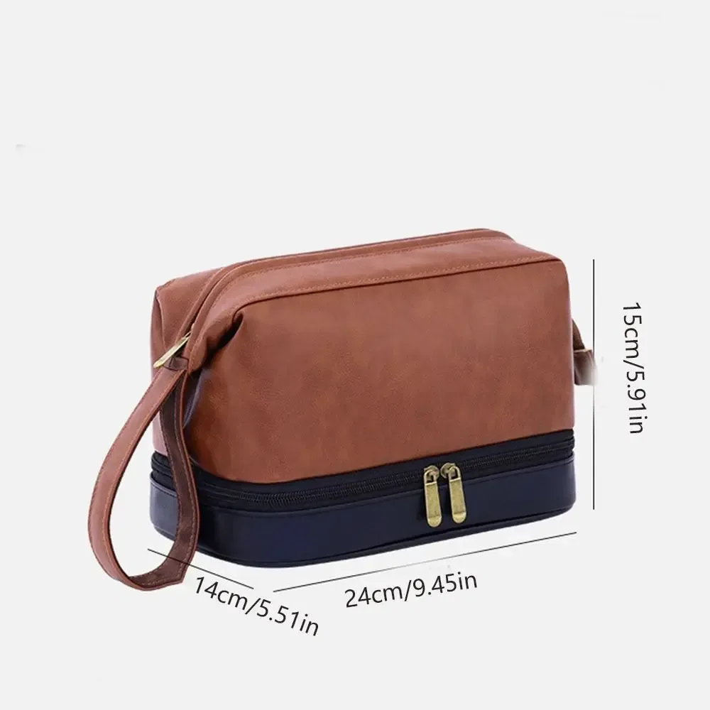 trousse de toilette rétro en cuir pu pour hommes, grande capacité, étanche, séparation sec-humide, pochette de maquillage professionnelle pour hommes