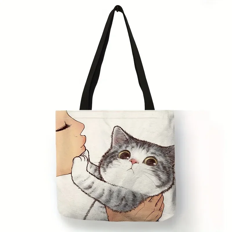 sac fourre-tout imprimé chat de dessin animé mignon, sac à bandoulière de grande capacité, sac à main décontracté pour femmes pour le travail, l'école et le shopping