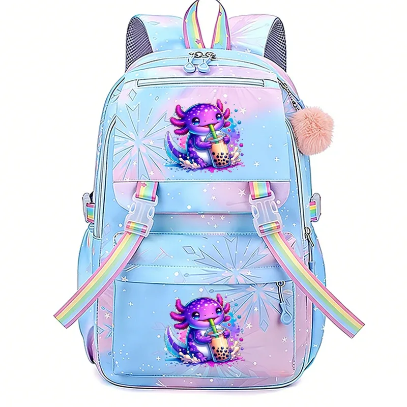 sac à dos imprimé rainbow axolotl boba, grand sac à dos léger, sac d'école mignon de dessin animé pour filles, sac à dos décontracté pour voyage et trajets quotidiens